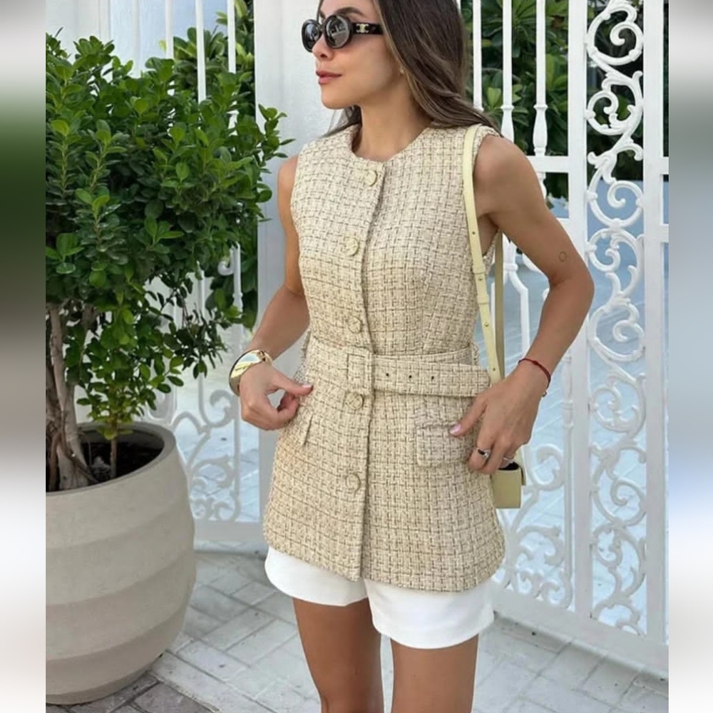 NWT Zara TEXTURED TWEED LONG VEST